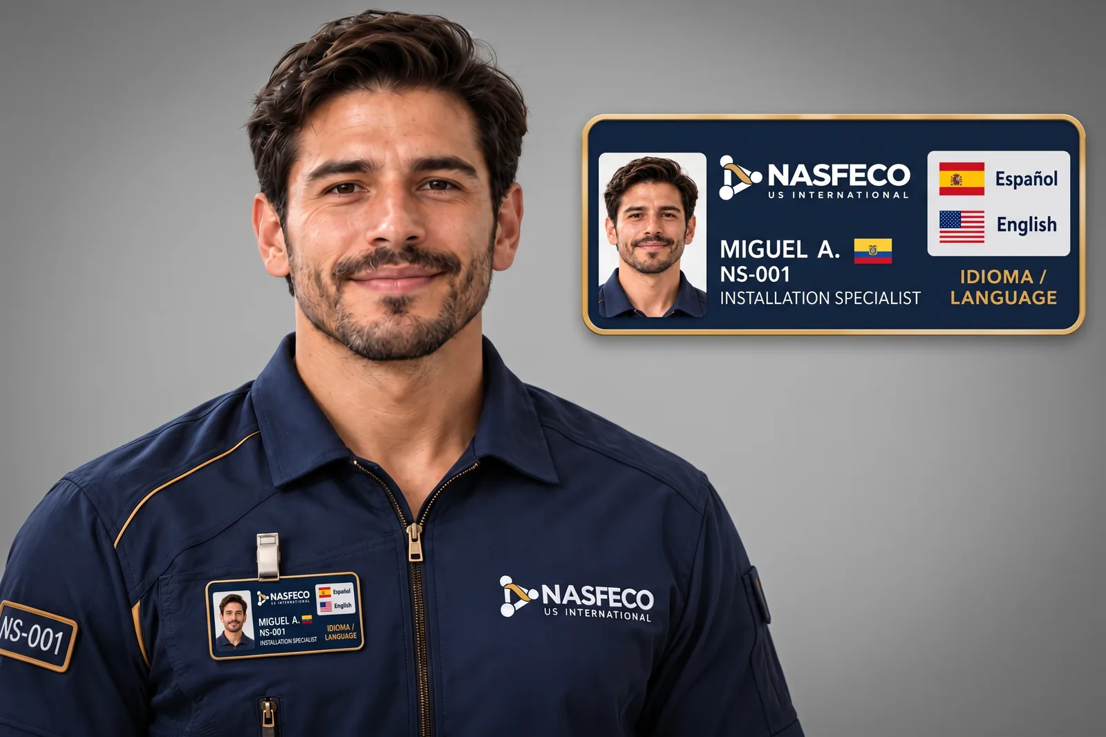 Técnico de instalación NASFECO con uniforme y credencial, español e inglés